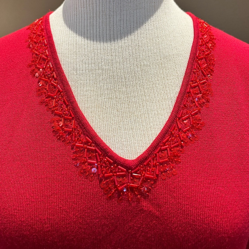New Liz Claiborne Women’s Red Embellished V Neck Sweater